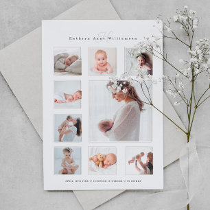 Modern Newborn Foto Collage & Monogram Birth Magnetische Uitnodiging