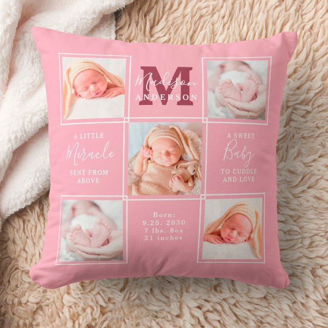 Modern Newborn Personalized 5 Photo Collage Pink Kussen (Creator heeft geüpload)
