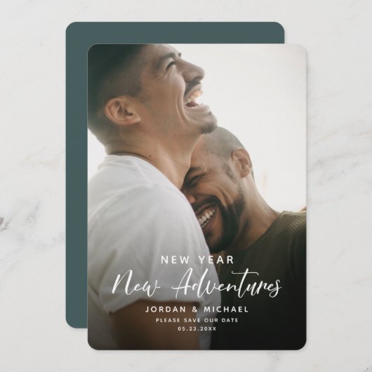 Modern nieuwjaar Verloving | Adventures Script Fun Save The Date (Voorkant / Achterkant)