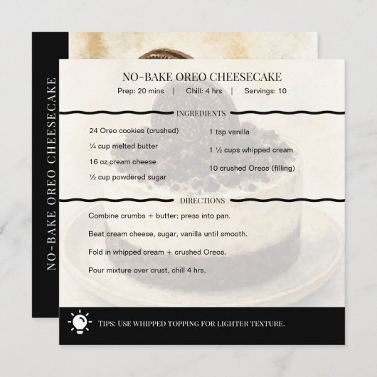 Modern No-Bake Oreo Cheesecake Recipe Card (Voorkant / Achterkant)