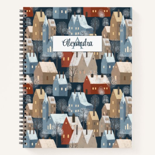 Modern Nordic Cozy Winter Town Pattern Monogram Notitieboek (Voorkant)