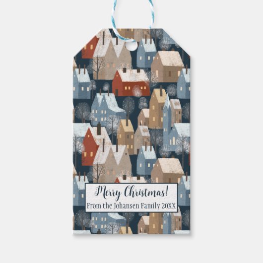 Modern Nordic Winter Town Houses Pattern Blue Red Cadeaulabel (Voorkant)