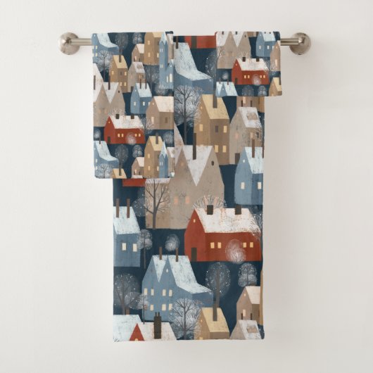 Modern Nordic Winter Town Whimsical Scandinavian Bad Handdoek (Insitu)