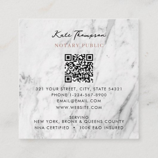 Modern Notary Signing Agent QR Code Marble Pink Vierkante Visitekaartje (Achterkant)