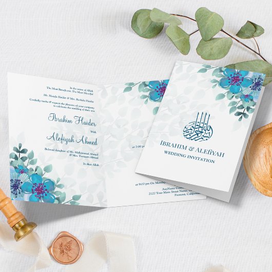 Modern Ocean Blue Floral Islamic Muslim Wedding