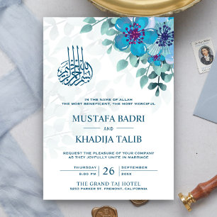 Modern Ocean Blue Floral Islamic Muslim Wedding Kaart