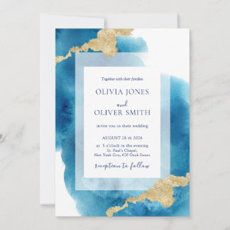 Modern Ocean Inspired Blue Watercolor Gold Splash Kaart
