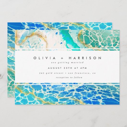 Modern Ocean Waves Turquoise Blue Wedding Kaart (Voorkant / Achterkant)