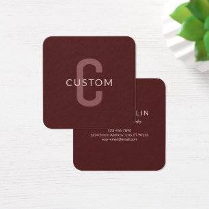 Modern ogende monogrammed naam   Maroon Red Vierkante Visitekaartjes
