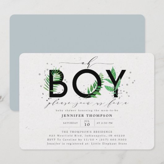 Modern Oh Boy Blue Tropical Greenery Baby shower Kaart (Voorkant / Achterkant)