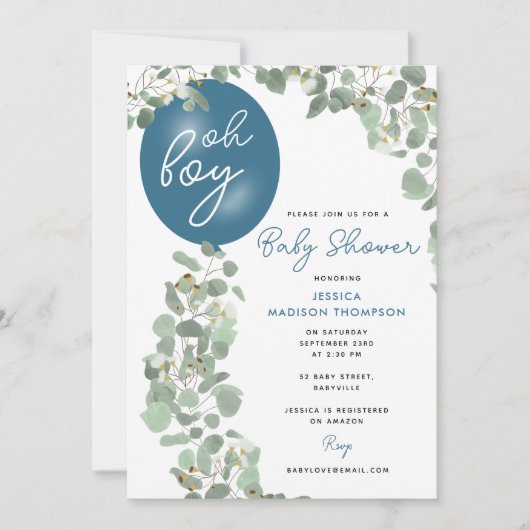 Modern Oh Boy Eucalyptus Blue Balloon Baby shower Kaart (Voorkant)