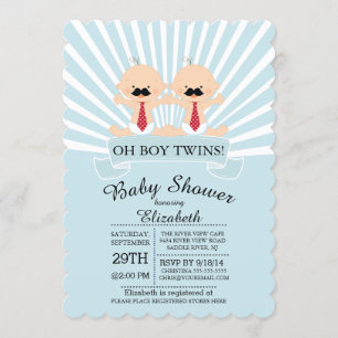 Modern Oh Boy Mustache Twin Boys Baby shower Kaart