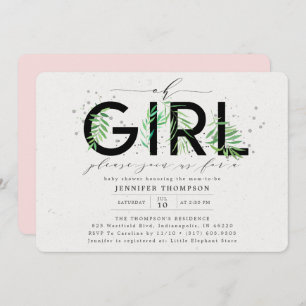 Modern Oh Girl Blush Tropical Greenery Baby shower Kaart