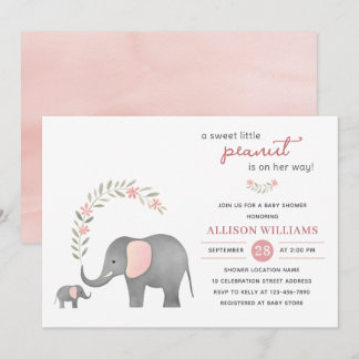 Modern Olifant Roze Bloemen Meisje Baby shower Kaart