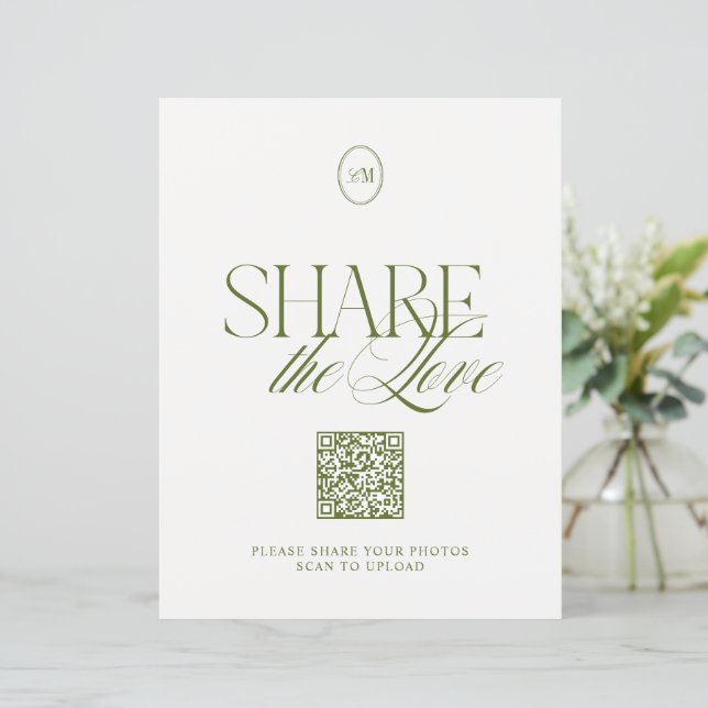 Modern Olijfgroen 'Deel de Liefde' QR-code bord (Staand voorkant)