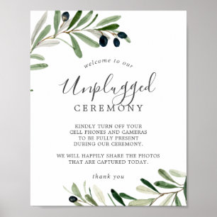 Modern Olive Branch Unplugged Ceremony Sign Poster