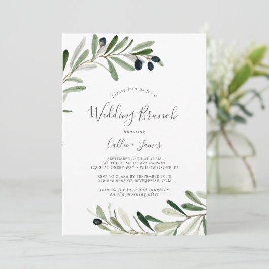 Modern Olive Branch Wedding Brunch Kaart (Staand voorkant)