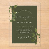 Modern Olive Green Leaf Clear Minimalist Wedding Acryl Uitnodigingen (Voorkant)
