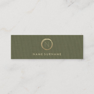 Modern Olive Green Linen Elegant Gold Monogram Mini Visitekaartje