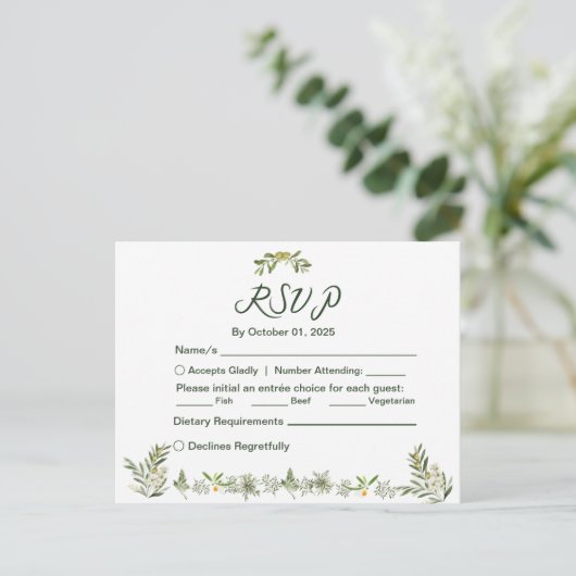 Modern Olive Green RSVP Invitation Briefkaart (Staand voorkant)