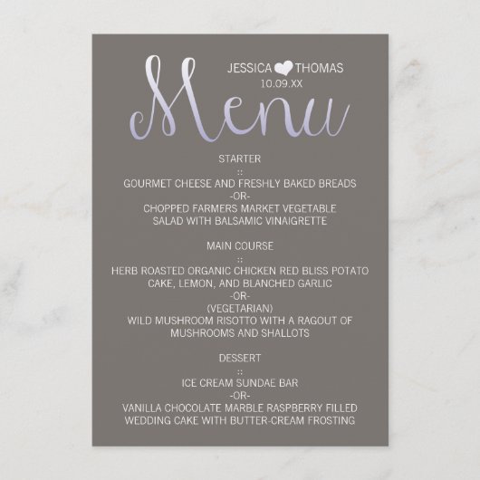Modern Ombré Typography Paars & Gray Wedding Menu (Voorkant)