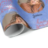 Modern One foto  naam Blue Christmas Cadeaupapier (Rol Hoek)
