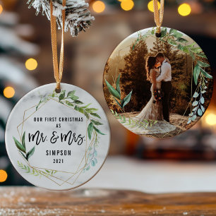 Modern ons eerste kerstfeest als Mr & Mrs Foto Keramisch Ornament