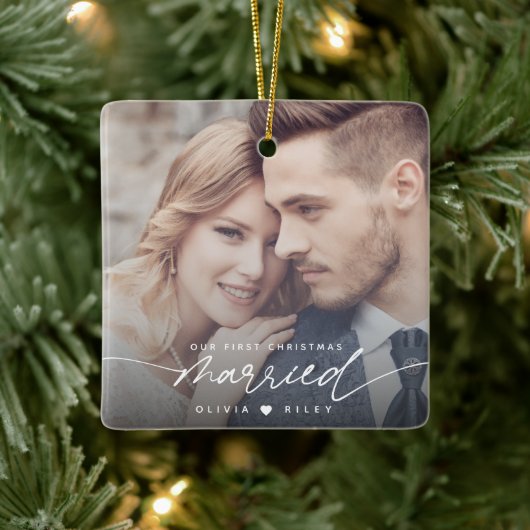 Modern Onze eerste kerst getrouwde fotoscript Keramisch Ornament (Boom)