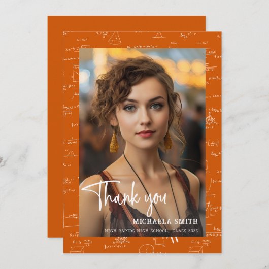 Modern Orange Math Script Photo Graduation  Bedankkaart (Voorkant / Achterkant)
