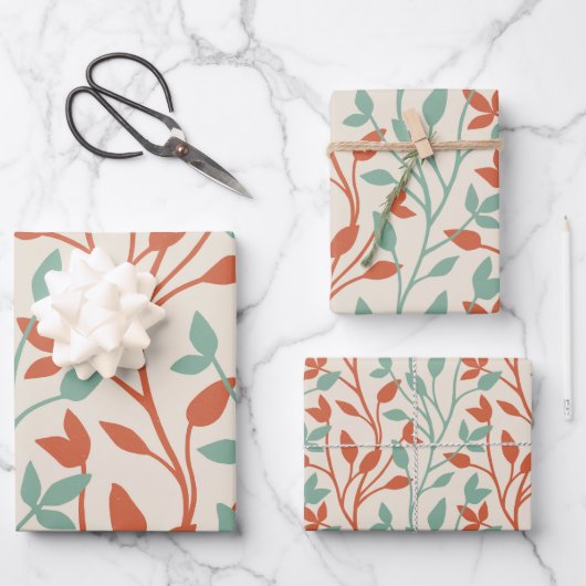 Modern Orange & Sage Botanical Vine Pattern Inpakpapier Vel (Voorkant)