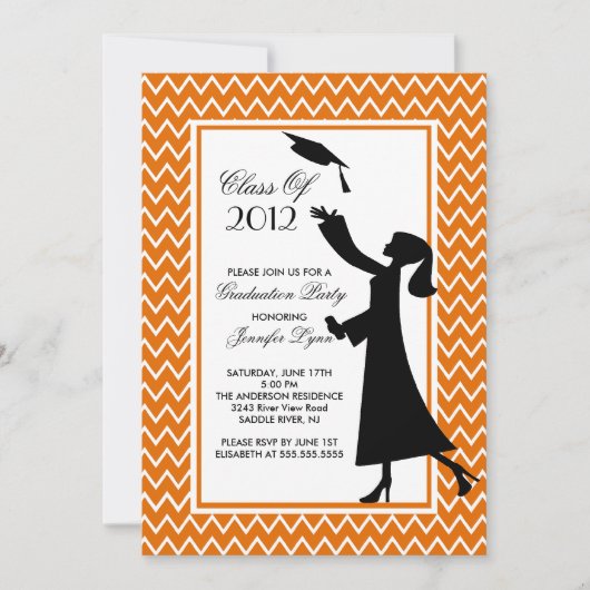Modern Oranje Afstuderen Invitation Silhouette Kaart (Voorkant)