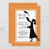 Modern Oranje Afstuderen Invitation Silhouette Kaart (Voorkant / Achterkant)