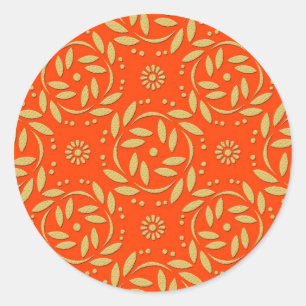 Modern oranje en gouden bloempatroon ronde sticker