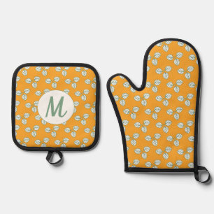 Modern Oranje en wit lederen monogram Ovenwant & Pannenlap Set