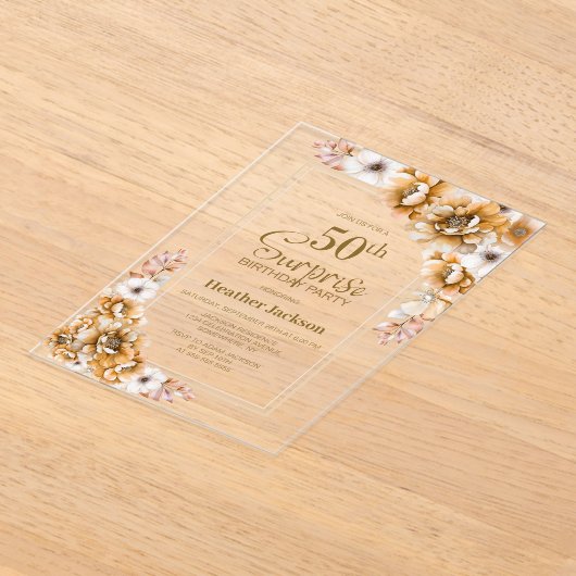 Modern Oranje Floral Surprise 50ste Verjaardagsfee Acryl Uitnodigingen (Laagn)