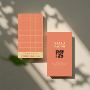 Modern Oranje geruit patroon QR-code Visitekaartje