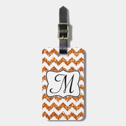 Modern Oranje Glitter Chevron Monogram Bagagelabel (Voorkant verticaal)