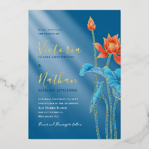 Modern Oranje Lotus Flower Blue Wedding Uitnodigin Folie Uitnodiging