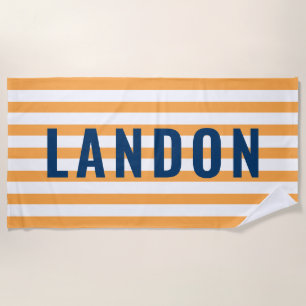 Modern Oranje met gepersonaliseerde naam Navy Stri Strandlaken