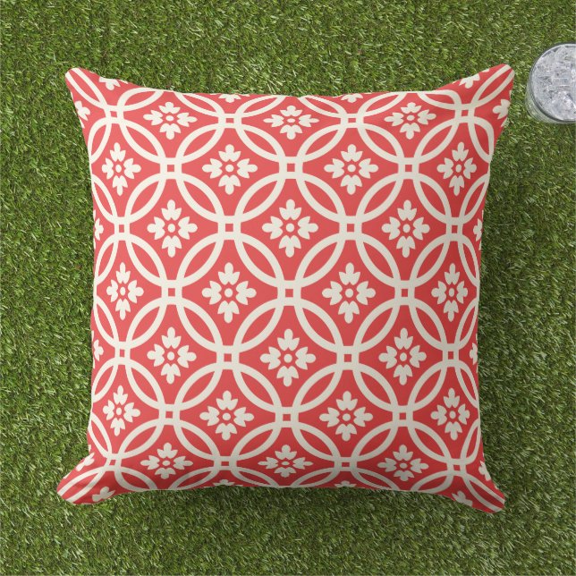Modern Oranje Red Floral Framework Pattern Buitenkussen (Gras)