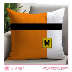 Modern Oranje Zwart Kleurblok Monogram Kussen