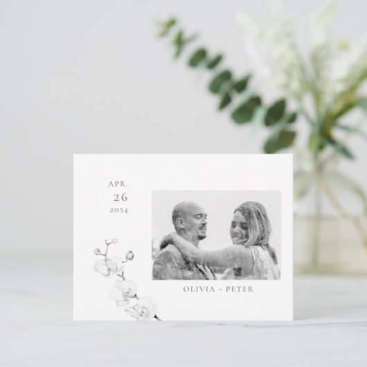 Modern Orchids Verloving Foto opslaan Datum Aankondigingskaart (Staand voorkant)