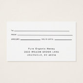 Modern Organic Honey Boerderij cadeaubon Visitekaartje (Achterkant)