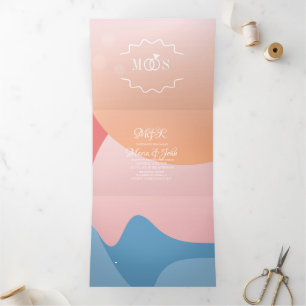 Modern Organic Sunset Water Ocean Wedding Drieluik Uitnodiging
