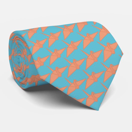 Modern Origami Crane Pattern Sky Blue en Oranje Stropdas (Opgerold)