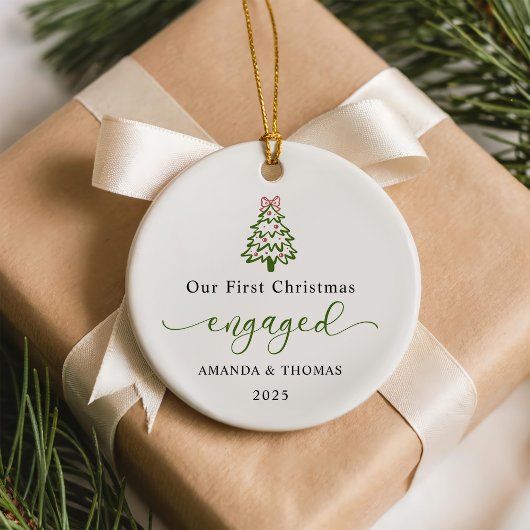 Modern Our First Christmas Engaged Photo Keramisch Ornament
