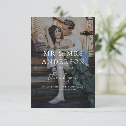 Modern Overlay White Text Wedding Romantic Foto Bedankkaart (Staand voorkant)