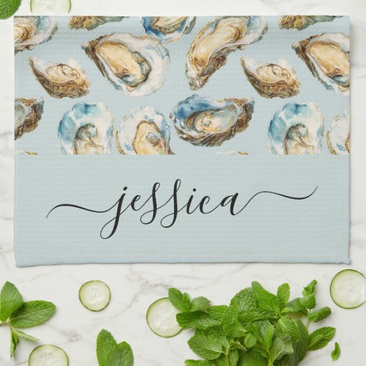 Modern oysters pattern script name theedoek (Gevouwen)