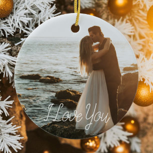 Modern Paar Foto Jubileum Script Holiday Keramisch Ornament