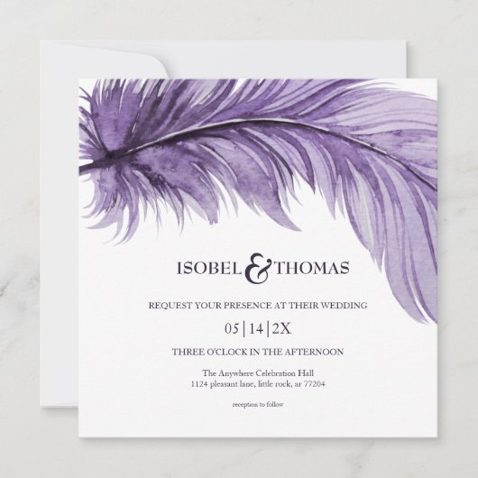 Modern Paars Boho Feather Whimsical Wedding Kaart (Voorkant)